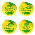 Set yellow, green stickers with leaves for pure organic, eco product, healthy food, bi