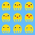 Set of yellow jellyfish different emotion blue background