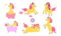 Set of yellow magic unicorns with horns doing casual things vector illustration