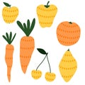 Set yellow and orange fruit and vegetable print apples and carrot and cherry and orange and lemon for wrapping