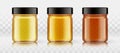 A set of yellow, orange, red glass bottles for any liquid products, honey, confiture, jams, preserves, oil, syrups, home