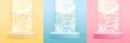 Set of yellow, pink and blue showcase backgrounds with 3d podium and marble texture. Royalty Free Stock Photo