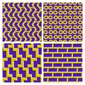 Set of yellow purple optical illusion seamless patterns of moving wavy quadrangles, infinity symbols, zigzag shapes and brickwork