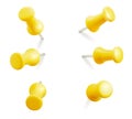 Set of yellow push pins. Thumbtacks ready for your design. Different angle view. Vector illustration isolated on white Royalty Free Stock Photo