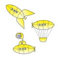 Yellow rocket, zeppelin and submarine Royalty Free Stock Photo