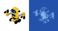Set of yellow robot with a project assembled from plastic blocks in isometric style for print and design. Vector Royalty Free Stock Photo