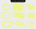 Set of yellow, round, oval strokes line markers. Vector highlight brush lines. Hand drawing sketch underlined, stripes. Isolated. Royalty Free Stock Photo