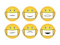 A set of yellow round smileys in white medical masks.
