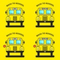 Set of yellow school bus in front view with stop sign isolated on background. Education, teaching concept. Vector flat cartoon Royalty Free Stock Photo