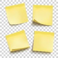 Set of yellow sheets of note papers. Four sticky notes.