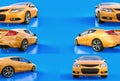 Set yellow small sports car coupe on a blue background. 3d rendering. Royalty Free Stock Photo