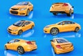 Set yellow small sports car coupe on a blue background. 3d rendering. Royalty Free Stock Photo