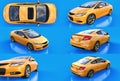 Set yellow small sports car coupe on a blue background. 3d rendering. Royalty Free Stock Photo