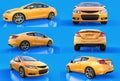 Set yellow small sports car coupe on a blue background. 3d rendering. Royalty Free Stock Photo