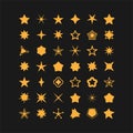 Set of yellow star icons. Collection of stars sparkles isolated on dark background. Flat design different shape. Twinkling effect. Royalty Free Stock Photo