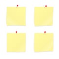 Set of 4 Yellow sticky notes paper clipping with red push pins. Empty stickers and pushpins isolated on white. Stationery vector Royalty Free Stock Photo