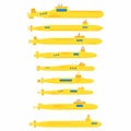 Set of yellow submarines in flat element style isolated on white background