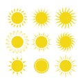 Set of yellow sun icon with straight, florid and twisted rays. Template design for web or mobile app