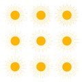 A set of yellow suns with sunburst rays shine. sun silhouettes patterns in retro style. flat vector illustration Royalty Free Stock Photo