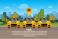 Set of Yellow Taxi Cars With Gps Location Pointer Online Cab Service Concept