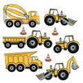 Set with yellow tractor and concrete mixer and bulldozer