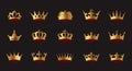 A set of golden vector king crowns icon on black background. Vector Illustration. Emblem and Royal symbols Royalty Free Stock Photo