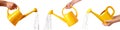 A set of yellow watering cans in hands isolated on a white or transparent background. Water splashes, droplets pour out Royalty Free Stock Photo
