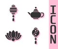 Set Yin Yang, Chinese paper lantern, Lotus flower and Chinese tea ceremony icon. Vector