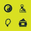 Set Yin Yang, Indian spice, Rosary beads religion and man plays flute icon. Vector