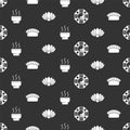 Set Yin Yang, Sushi, Chinese tea ceremony and Lotus flower on seamless pattern. Vector