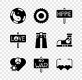 Set Yin Yang symbol, Sun, Peace, Love peace, No war, Heart shaped love glasses, and Jeans wide icon. Vector
