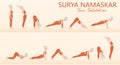 Set of yoga exercise Sun Salutation, Surya Namaskar. Elderly woman in different yoga asanas. Healthy lifestyle. Flat Royalty Free Stock Photo