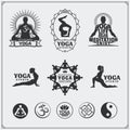 Set of yoga labels, logos and design elements for yoga or fitness studio.