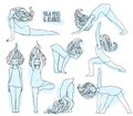 Set of yoga poses with cute girl. Poses and asanas in hand-drawn style. Woman doing yoga and relax exercises, doodle Royalty Free Stock Photo