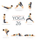 Yoga poses in flat design. Beauty woman in blue sportswear and black yoga pants is doing exercise for body stretching.