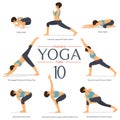 Set of 8 yoga poses in flat design . Woman figures exercise in blue sportswear and black yoga pant for yoga infographics.