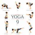 Set of 8 yoga poses in flat design . Woman figures exercise in blue sportswear and black yoga pant for yoga infographics.