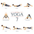 Set of 8 yoga poses in flat design . Woman figures in sportswear for yoga infographics.