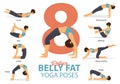 A set of yoga postures female figures for Infographic 8 Yoga poses for reduce belly fat in flat design. Woman figures exercise.