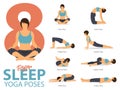 A set of yoga postures female figures for Infographic 8 Yoga poses for exercise before sleep in flat design. Vector. Royalty Free Stock Photo