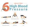 Set of yoga postures female figures for Infographic 6 Yoga poses for High blood pressure in flat design. Royalty Free Stock Photo