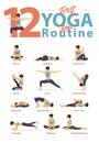 Set of yoga postures female figures for Infographic 12 Yoga poses for routine workout in flat design. Royalty Free Stock Photo