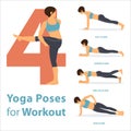 A set of yoga postures female figures for Infographic 4 Yoga poses for workout in flat design. Vector.