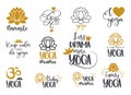 Set of yoga symbols and inscriptions. Lotus flower and OM yoga logo. Funny yoga quotes template