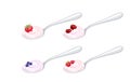 Set of yogurts with different berries in spoons. Vector illustration of a metal spoon with cherry, strawberry, raspberry and blueb Royalty Free Stock Photo