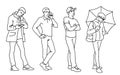 Set of young and adult men standing. Monochrome vector illustration of men in different poses in simple line art style Royalty Free Stock Photo