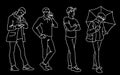 Set of young and adult men standing. Monochrome vector illustration of men in different poses in simple line art style Royalty Free Stock Photo
