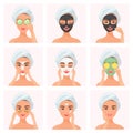 Set of young attractive well-groomed women using cucumber soaked eye mask, clay mask, under eye patches, normal, dry or