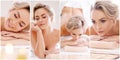 Set with young and beautiful girls relaxing in spa. Woman in massaging salon. Traditional oriental therapy and massaging Royalty Free Stock Photo