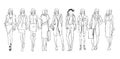 Set of young beautiful women in stylish clothes. Sale concept. Hand-drawn fashion illustration. Fashion sketch